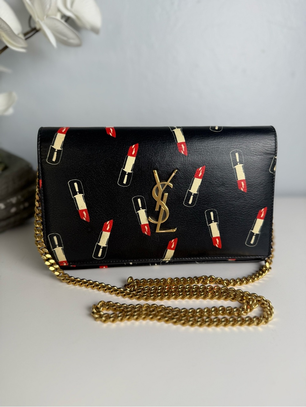 YSL Saint Laurent Black Leather Lipstick Wallet on Chain